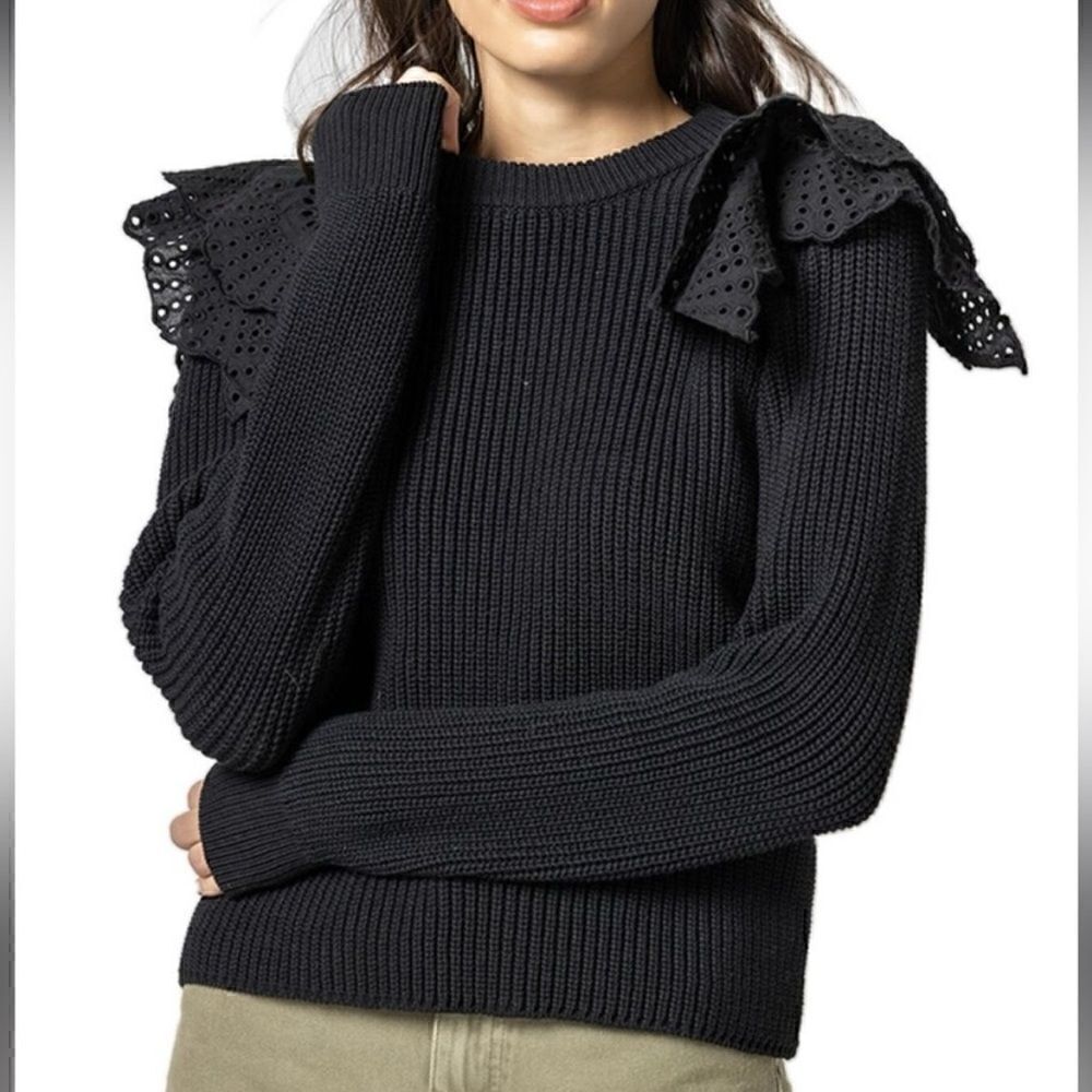 LILLA P Eyelet Ruffle Shoulder Trimmed Crew Neck Ribbed Sweater Black L